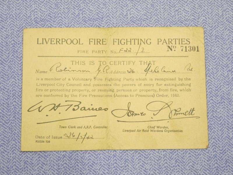 Liverpool Fire Fighting Parties - Identity Card.