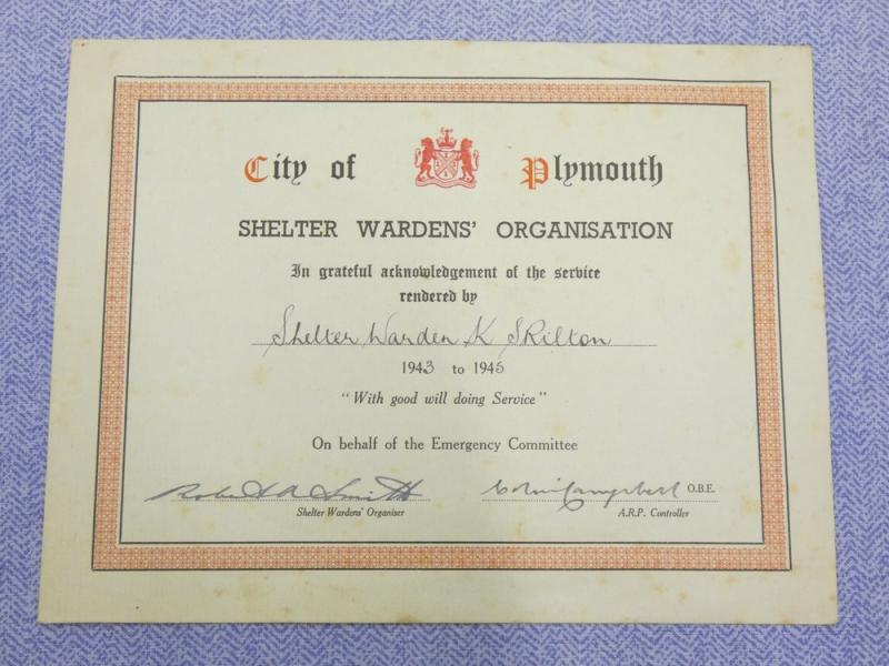 Plymouth Shelter Wardens Service Certificate.