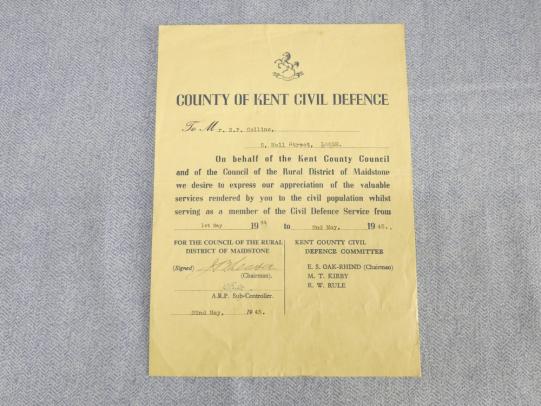 Kent Civil Defence Service Certificate.