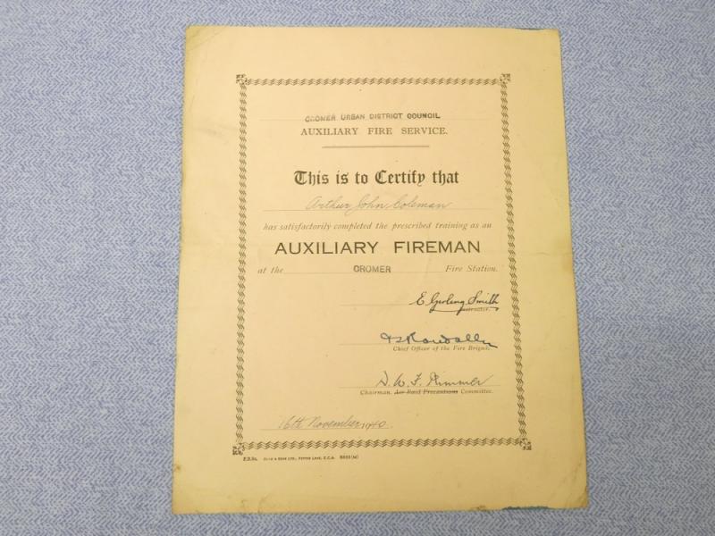 Cromer Auxiliary Fire Service Training Certificate.