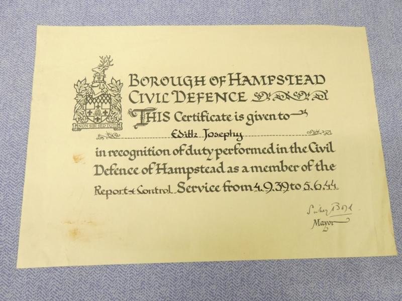 Hampstead Civil Defence Service Certificate.