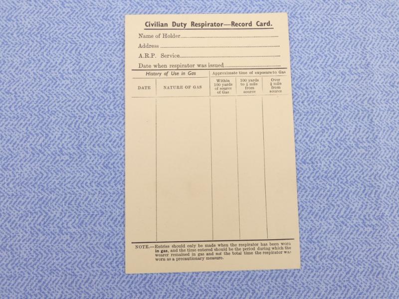 Civilian Duty Respirator - Record Card.