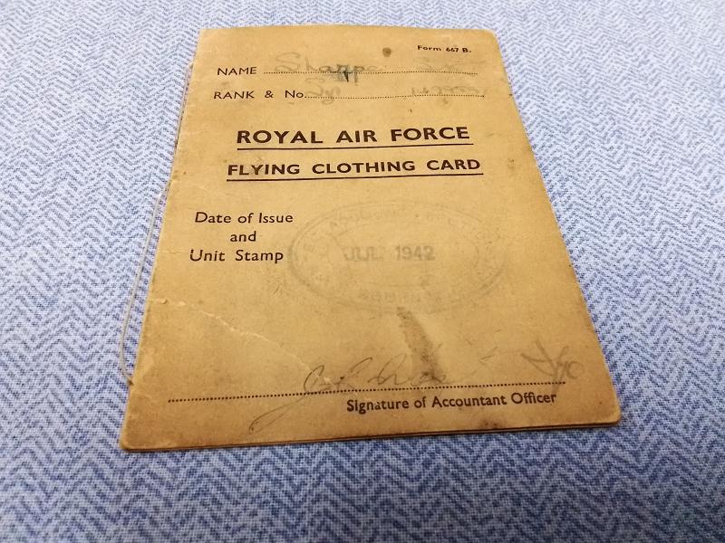 Wartime Royal Air Force Flying Clothing Card.